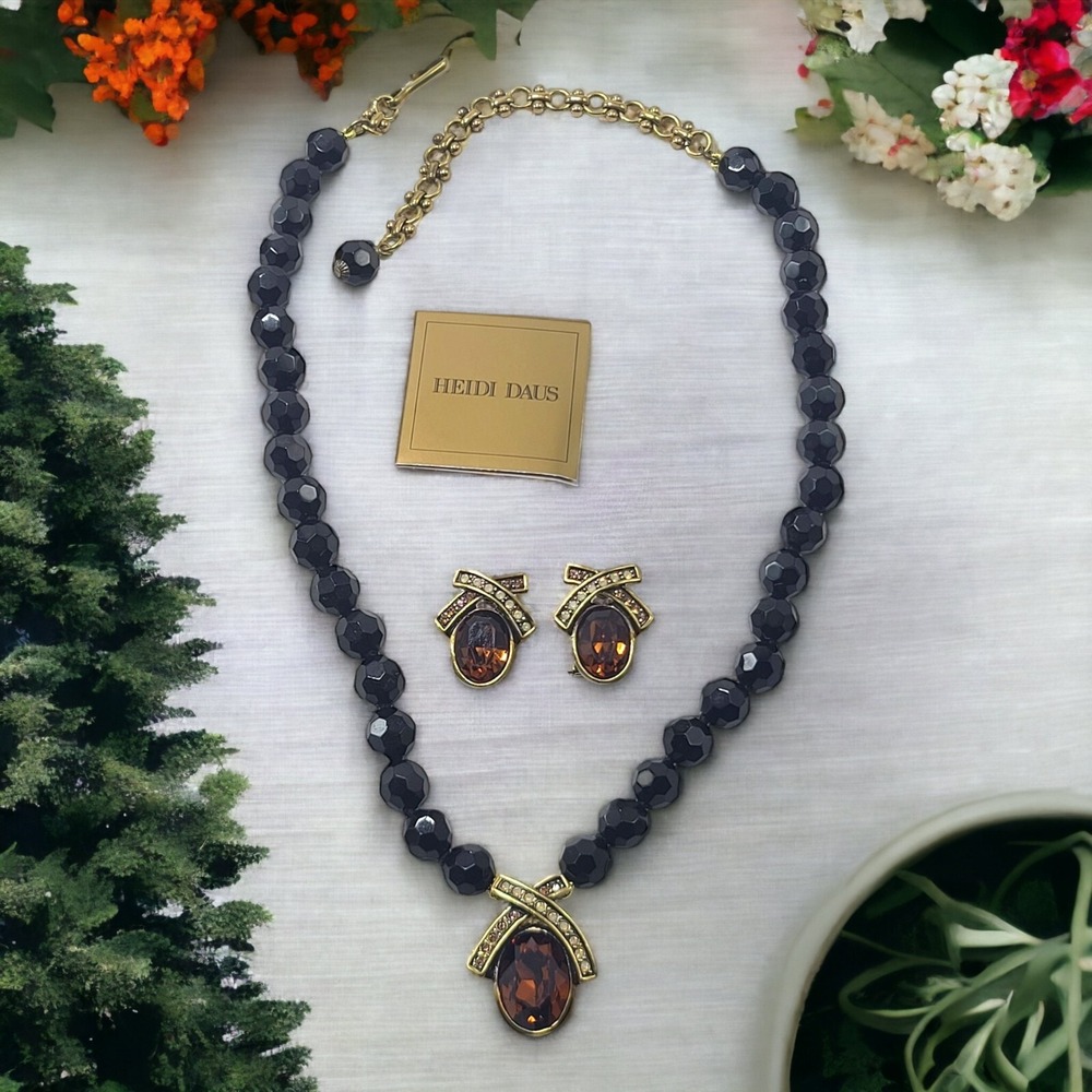 Heidi Daus Necklace Earrings Set Demi Parure Faceted Black Swarovski With Topaz